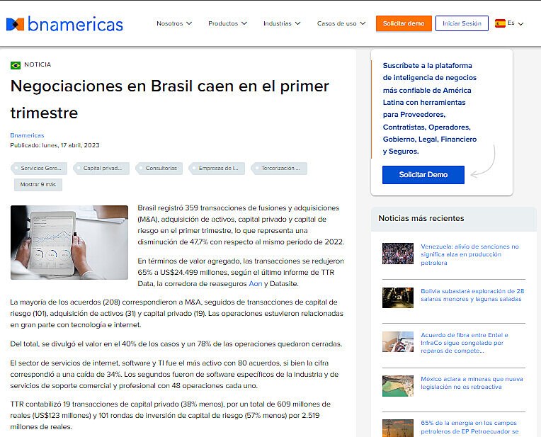 Negociaciones en Brasil caen en el primer trimestre